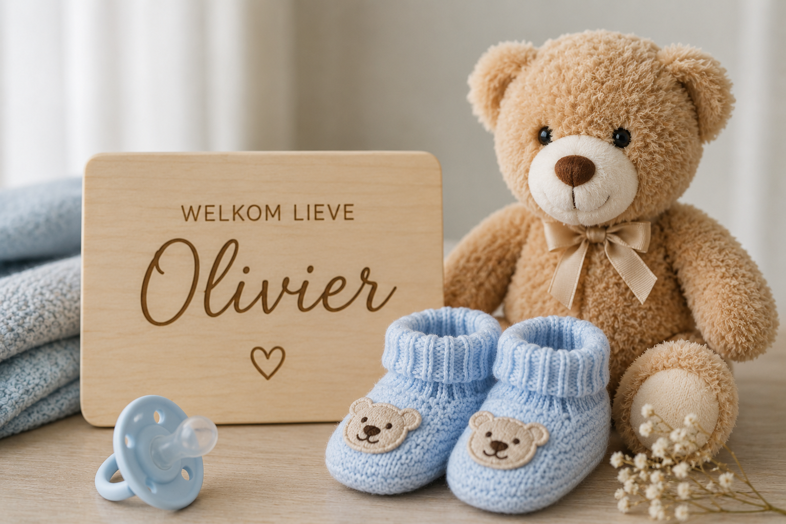 Welkom lieve Olivier — naambordje met teddybeer en blauwe babyslofjes