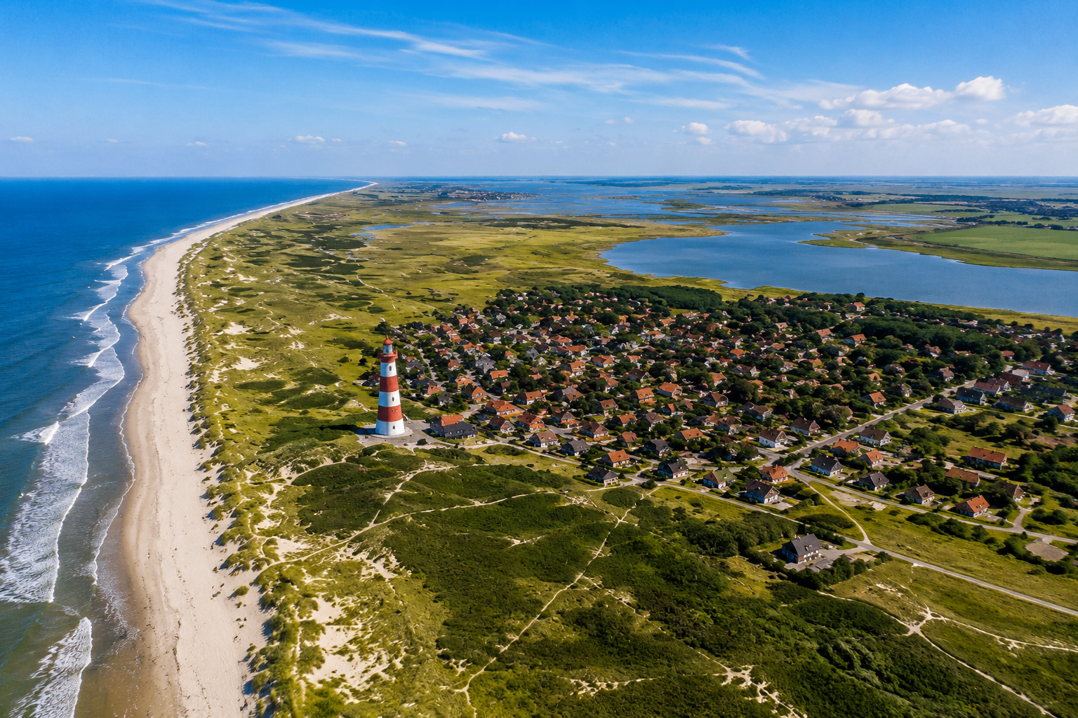 Luchtfoto van Ameland met vuurtoren, duinen en strand
